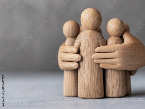Wooden figures representing support, connection, and unity among individuals in a nurturing environment. photo