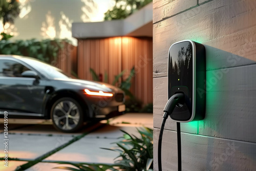 Modern Electric Car Charging at a Residential Charging Station with Soft Evening Lighting and Greenery