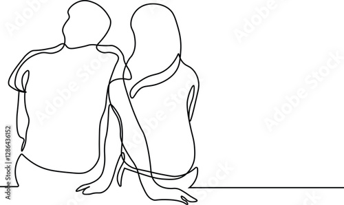 Minimalist one line drawing of a couple sitting together in abstract romantic style illustration