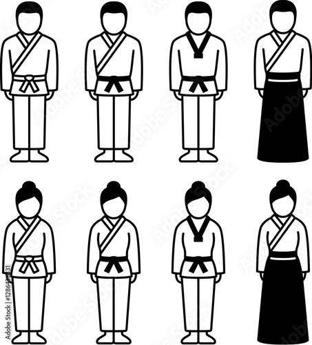 Male and female martial arts icon. Karate, Taekwondo, Judo, Aikido gi. Simple man and woman line icon, black and white vector illustration.