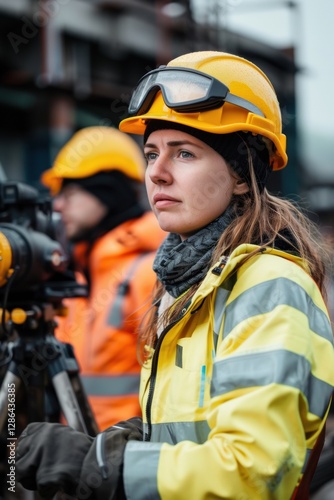 Woman in a yellow jacket and goggles is standing in front of a camera