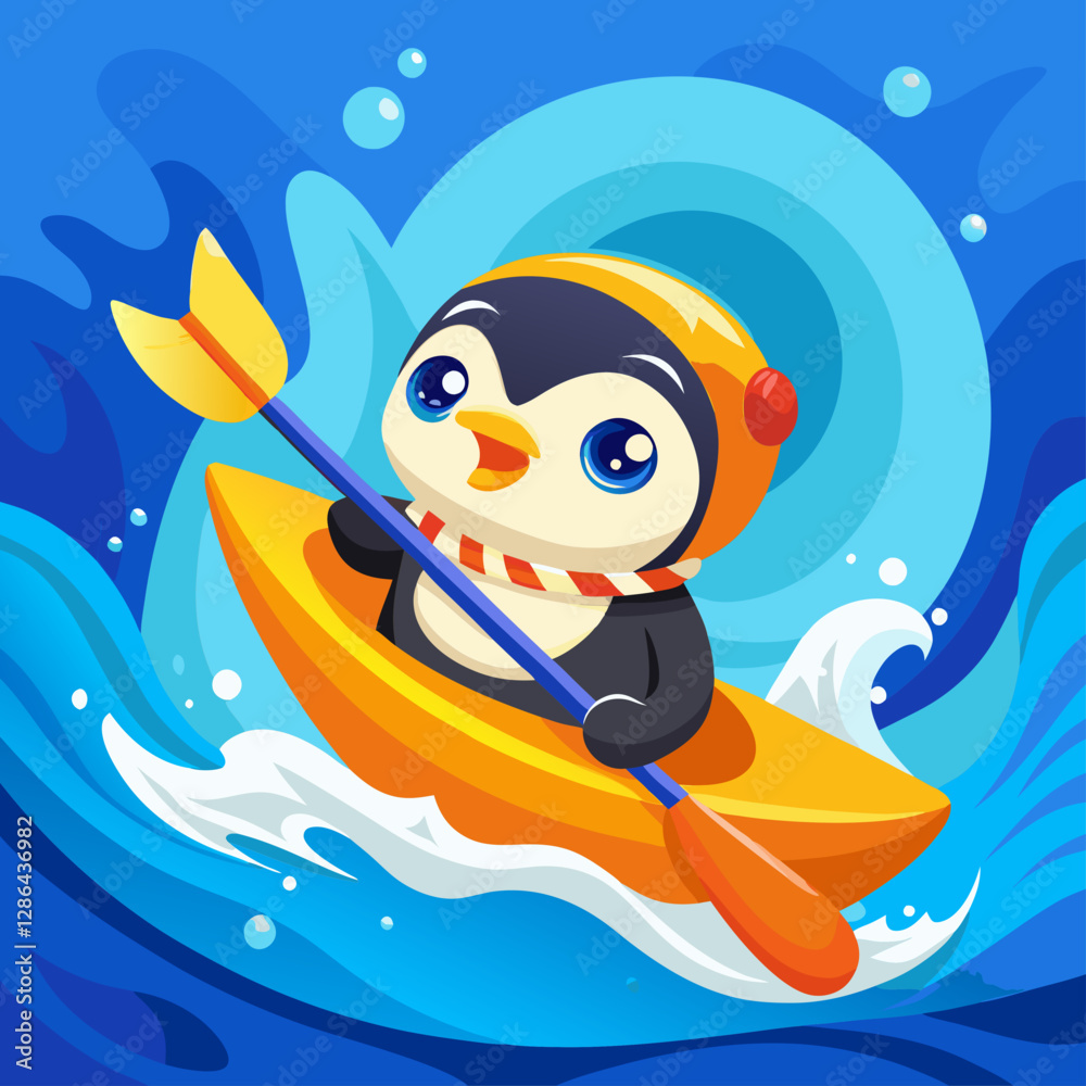 Cute Cartoon Penguin Kayaking in Yellow Kayak with Snorkel Gear and Orange Flippers Cute Cartoon Penguin Kayaking in Yellow Kayak with Snorkel Gear and Orange Flippers