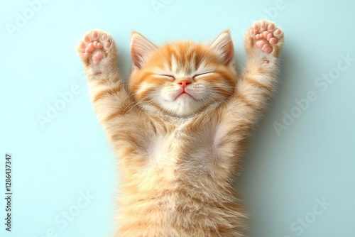 Cute Sleeping kitten with paws up on blue background. Copy space. For banner. Cozy home concept , isolated on white background,  , copy space, copy space for text,