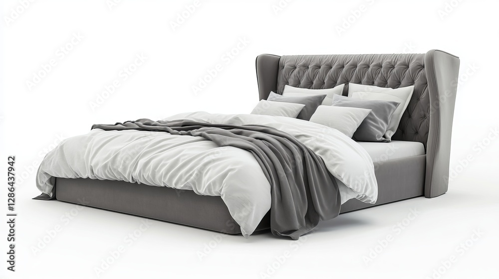 Obraz premium Cozy Gray Bed with Linens on Plain White Background 