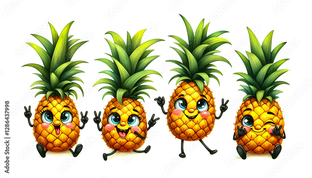 Obraz premium Watercolor Clipart set of a Funny Pineapple. Watercolor clipart illustration isolated on a white background