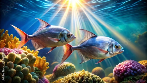Oceanic Duo Two vibrant fish gracefully swim amidst a kaleidoscope of coral, bathed in the radiant glow of sunlight penetrating the water's surface.