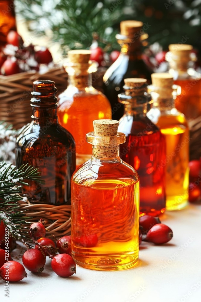 Rustic wicker basket with rose hip flowers and bottles of essent , isolated on white background, , copy space, copy space for text, Rustic wicker basket with rose hip flowers and bottles of essent , isolated on white background, , copy space, copy space for text,