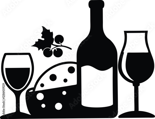 Wine and Cheese black silhouette,Wine vector illustration