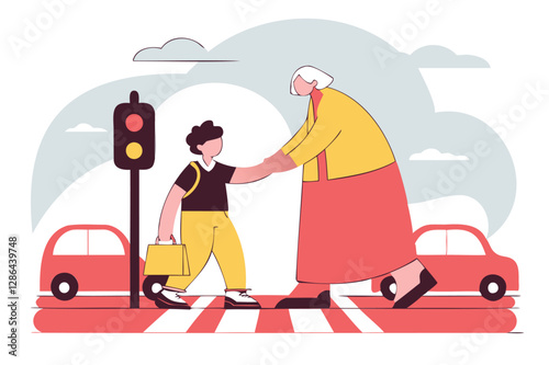 Young boy assisting his elderly grandmother to safely cross the road vector illustration