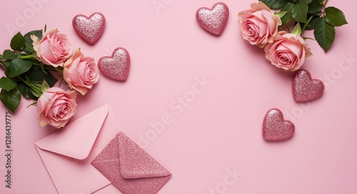 Rosas rosadas y corazones rosados brillantes con sobres rosados sobre un fondo rosa