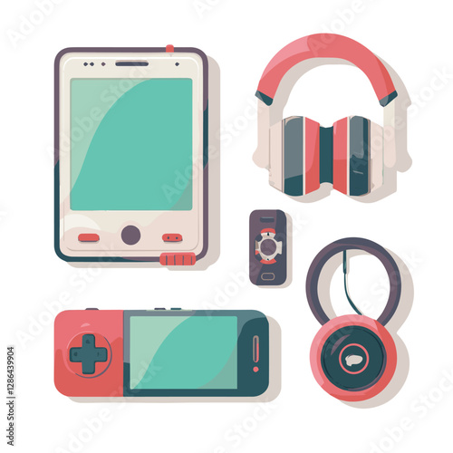 gadget, device, technology, background, modern, digital, vector, 3d, illustration, phone, electronic, mobile, headphones, wireless, equipment, headphone, headset, computer, design, object, hardware, s