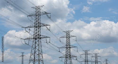 High Voltage Power Transmission Lines Against a Blue Sky with White Clouds Showcasing the Energy Infrastructure in Rural Landscape