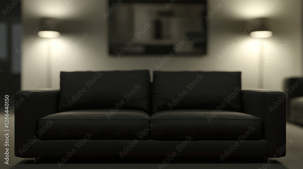 Serene Evening in a Modern Living Room: A Black Leather Sofa Under Soft Lighting Serene Evening in a Modern Living Room: A Black Leather Sofa Under Soft Lighting