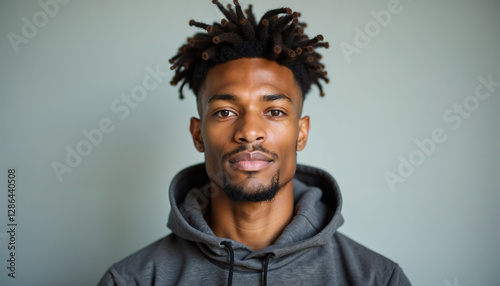 Confident young African American man wearing a hoodie, staring directly at the camera with a serious expression for fashion, portrait, and confidence concept
