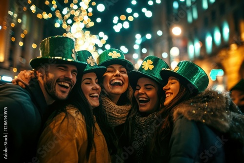 St. Patrick's Day portrait of a group of five friends in a circle, standing close together with arms around each otherâ€™s shoulders. They are all wearing leprechaun hats and laughing with excitement
