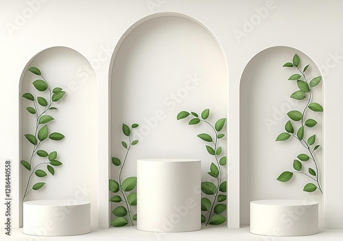 beige, cream 3D background with realistic cylinder pedestal podium, arch gate and green leaf