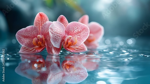 Orchid Petals Touching Water with a Mesmerizing Reflection Generative Ai.