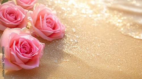 Golden Sands and Pink Roses: A delicate arrangement of pink roses gently rests on golden sands, their velvety petals contrasting with the smooth texture.