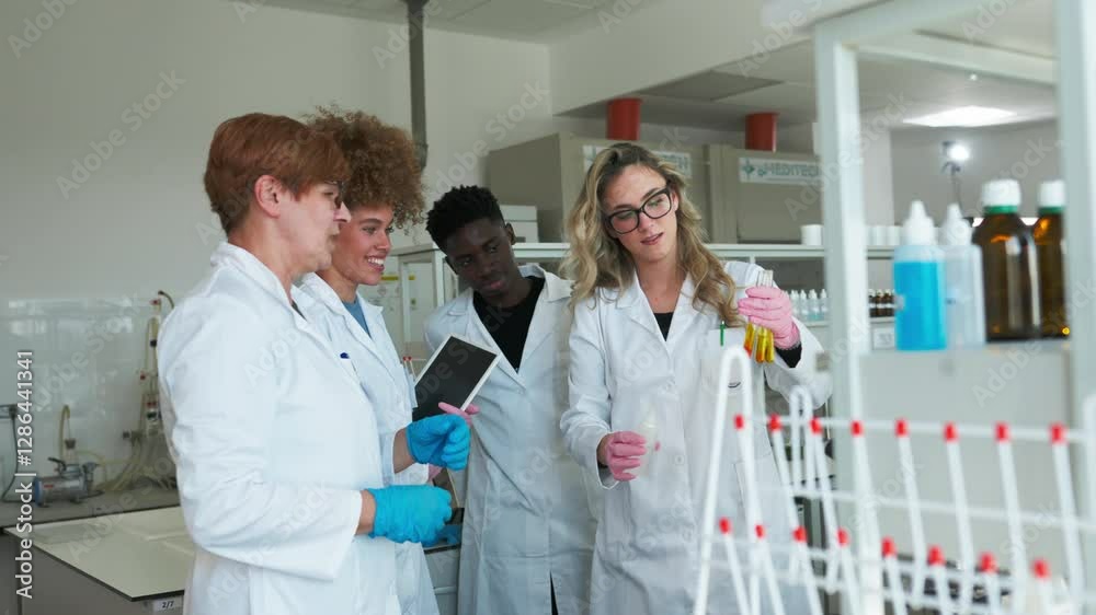 Three scientists, two men and a woman wearing lab coats, are conducting a chemical experiment, analyzing a solution in a test tube and consulting data on a tablet in a modern laboratory setting
