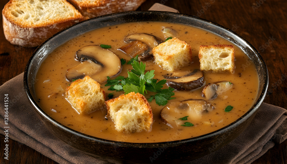 Photo Creamy Mushroom Soup with Croutons and Parsley Photo Creamy Mushroom Soup with Croutons and Parsley