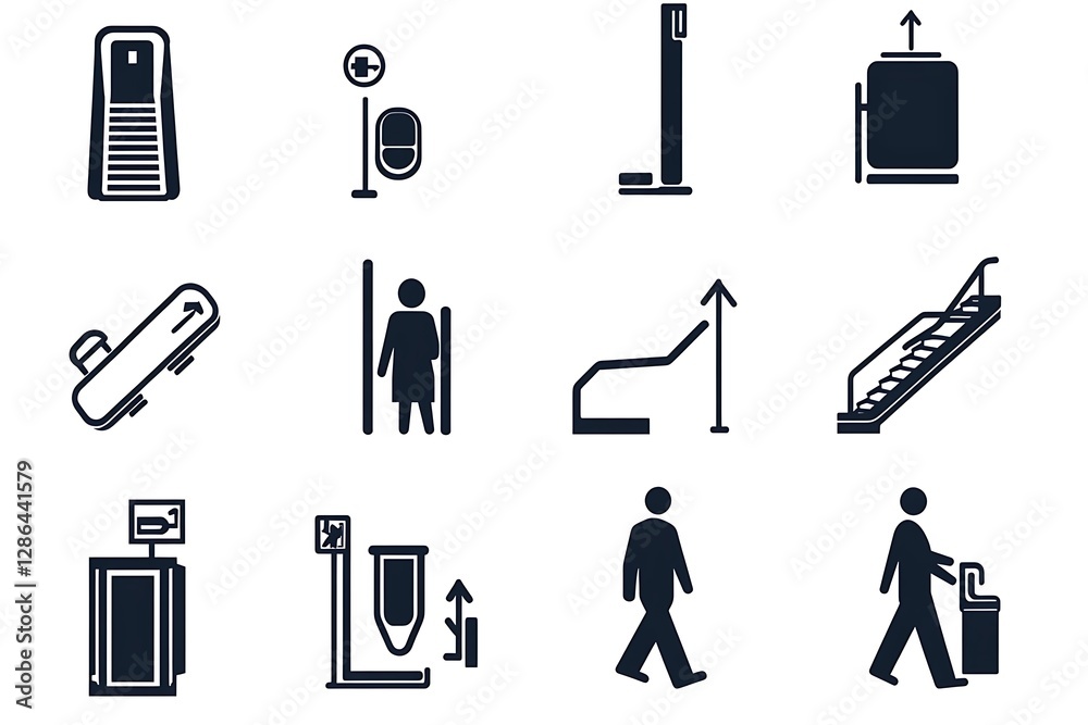 Airport security and boarding icons representing travel and passenger screening Airport security and boarding icons representing travel and passenger screening