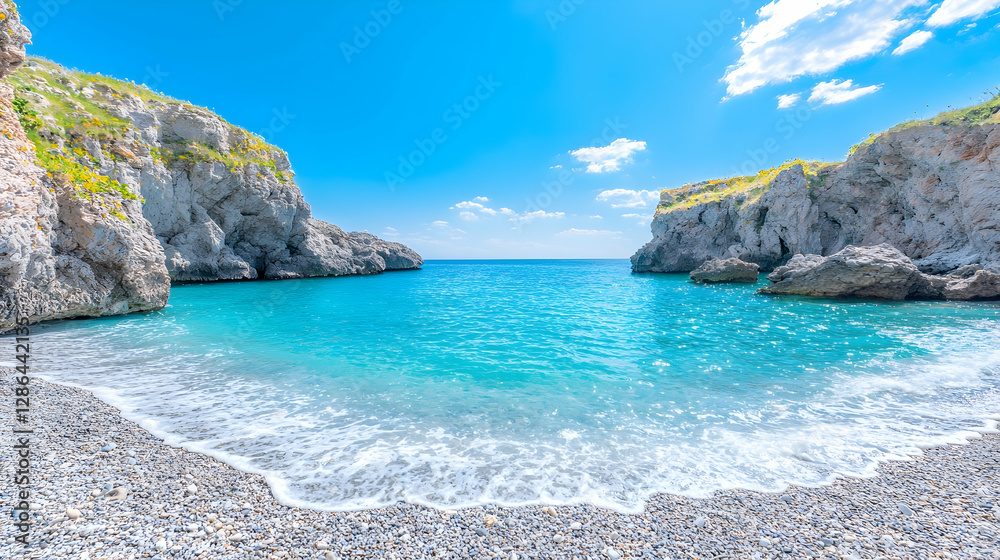 Fototapeta premium Secluded cove, turquoise water, pebble beach, sunny day, travel brochure