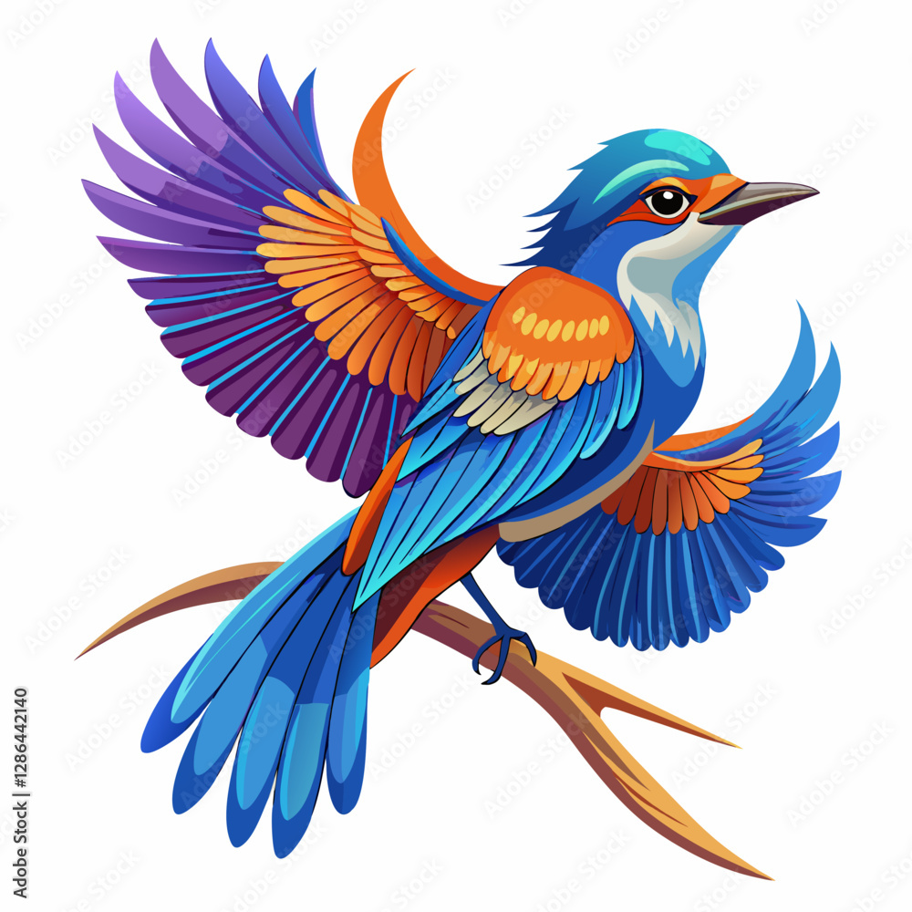 Obraz premium Vibrant Colorful Bluebird with Spread Wings Perched on Autumn Branch