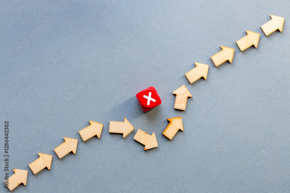 Arrow symbols bypassing threats in pursuit of the goal. Concept Avoid problems and find the optimal solution. Copy space