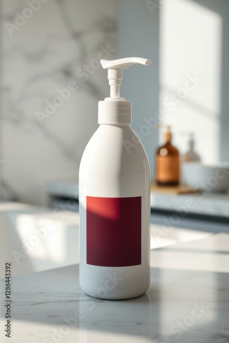 Pump bottle stands elegantly on a marble counter, illuminated by soft daylight in a bright bathroom. photo