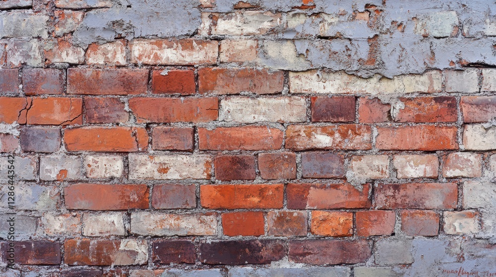 Fototapeta premium Brick wall texture, weathered masonry surface with red and gray bricks, rustic background for design projects, architecture, and interior styling.