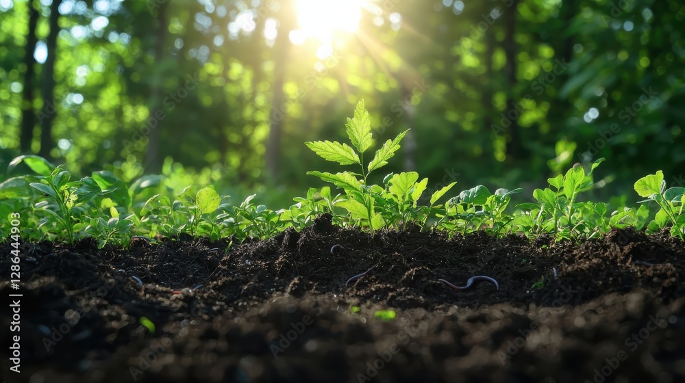 Soil health management techniques in natural sunlit forest closeup of rich soil with organic matter and earthworms Soil health management techniques in natural sunlit forest closeup of rich soil with organic matter and earthworms