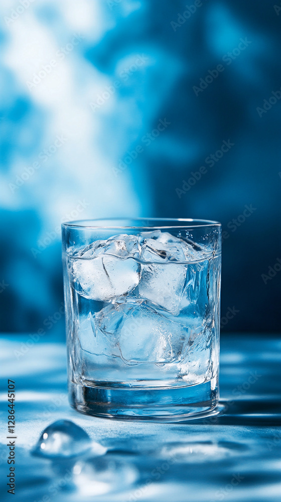 Chilled glass of water with ice cubes against a blue abstract background Chilled glass of water with ice cubes against a blue abstract background