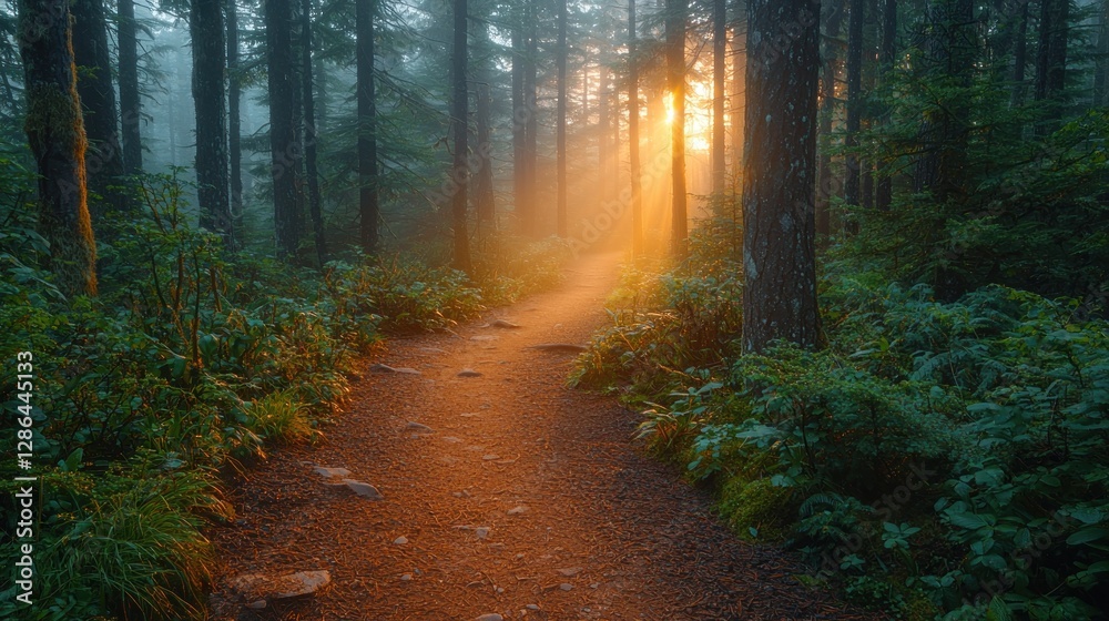 Fototapeta premium Hiking Trail Through Misty Forest with Sunlight Breaking Through the Trees