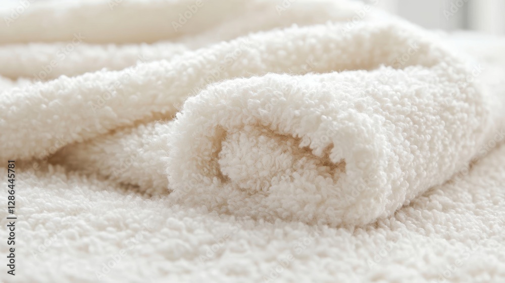 Neatly arranged towels on a bed, showcasing a clean and minimalistic aesthetic against a pristine white background. Neatly arranged towels on a bed, showcasing a clean and minimalistic aesthetic against a pristine white background.