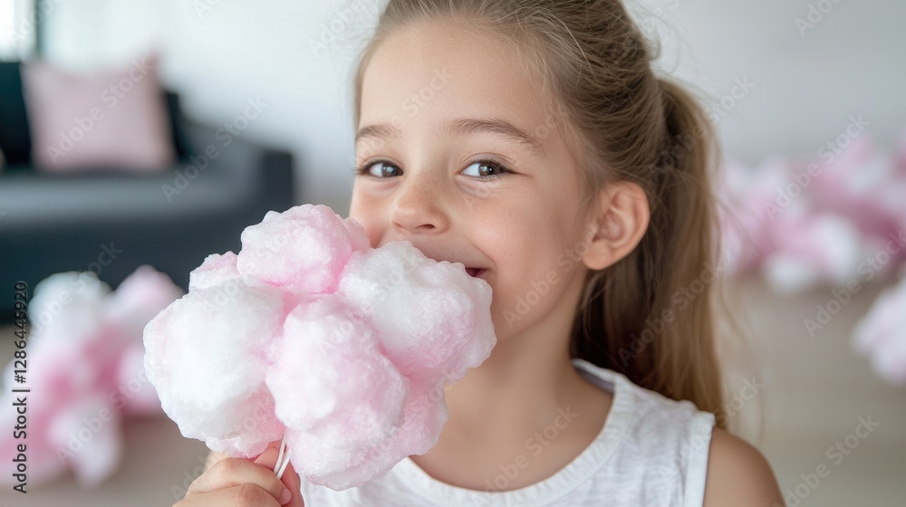 Girl Eating Cotton Candy at Home Girl Eating Cotton Candy at Home
