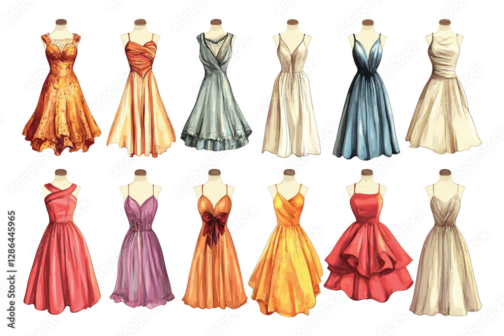 Obraz premium set of Woman dress for fashion design isolated on a white background, set of colorful Woman dress vector illustrations on white background