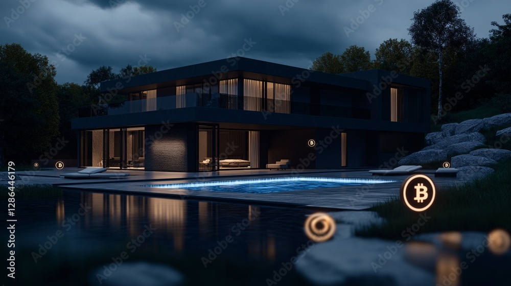 Obraz premium Luxury Villa with Glowing Decorative Circle Accents by the Pool at Night