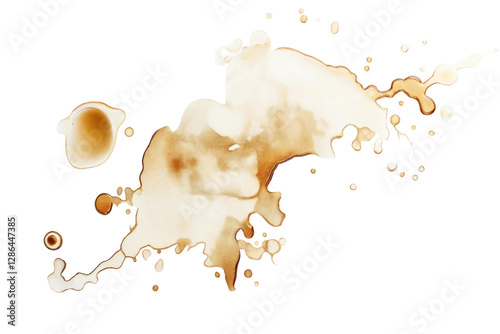 Abstract coffee stains and splashes in various shapes and sizes, creating a textured pattern, isolated on white background