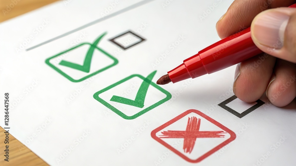 Checklist with checkmarks and a cross: hand marking choices on a survey or questionnaire with a red marker, representing decision making, selection, assessment, and evaluation. Checklist with checkmarks and a cross: hand marking choices on a survey or questionnaire with a red marker, representing decision making, selection, assessment, and evaluation.
