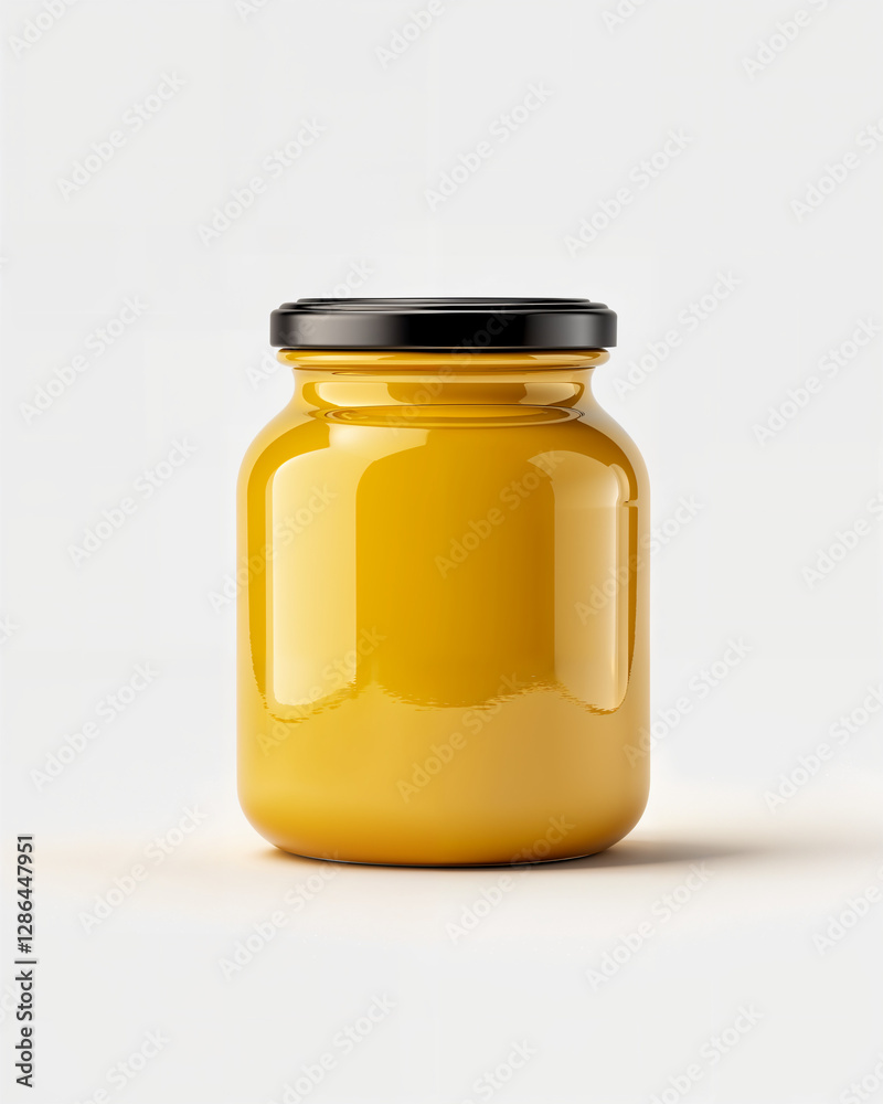 Yellow jar with black lid on a clean white background ready for kitchen storage or ingredient use Yellow jar with black lid on a clean white background ready for kitchen storage or ingredient use