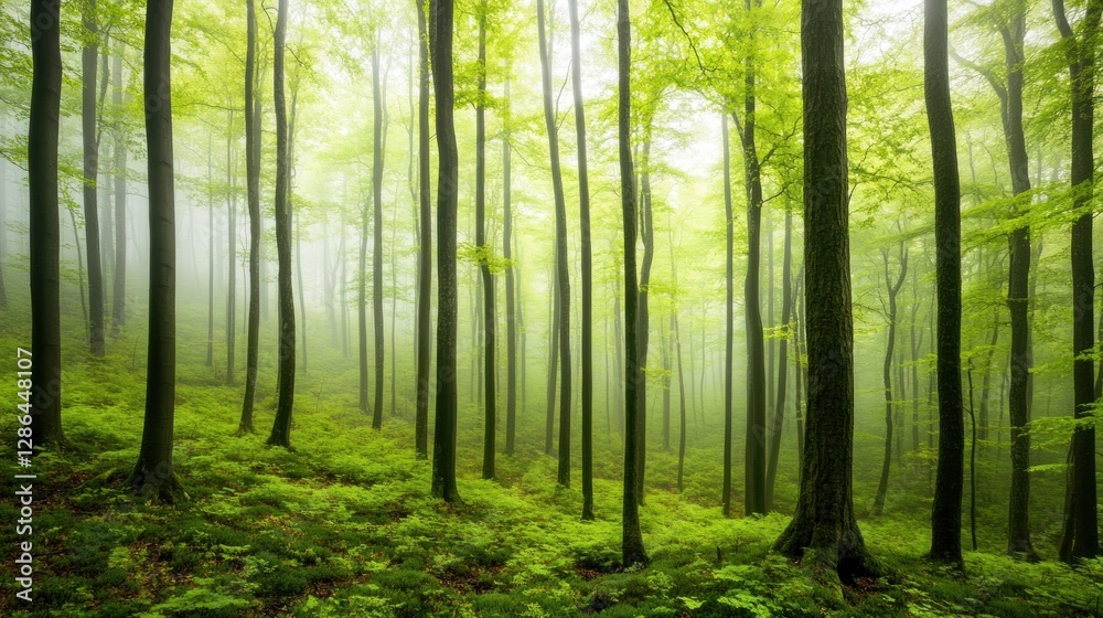 Misty Forest Landscape with Green Trees and Mossy Ground