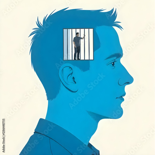 Vector illustration of a man in a human head in prison, struggle, lack of creativity, and restrictions on the concept of freedom of thought