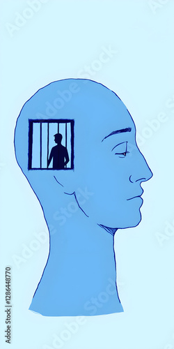 Vector illustration of a man in a human head in prison, struggle, lack of creativity, and restrictions on the concept of freedom of thought