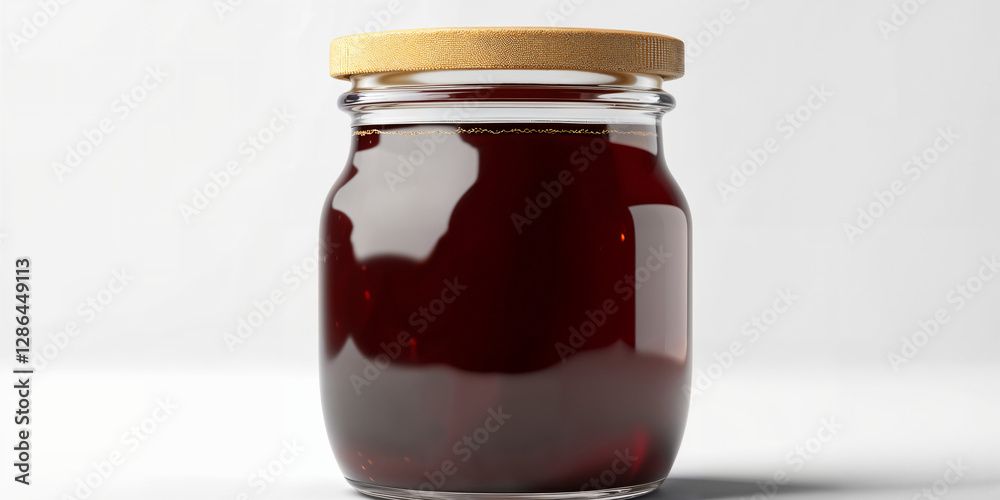 Jar containing rich dark red jam with a wooden lid on a light background highlighting its color and texture Jar containing rich dark red jam with a wooden lid on a light background highlighting its color and texture