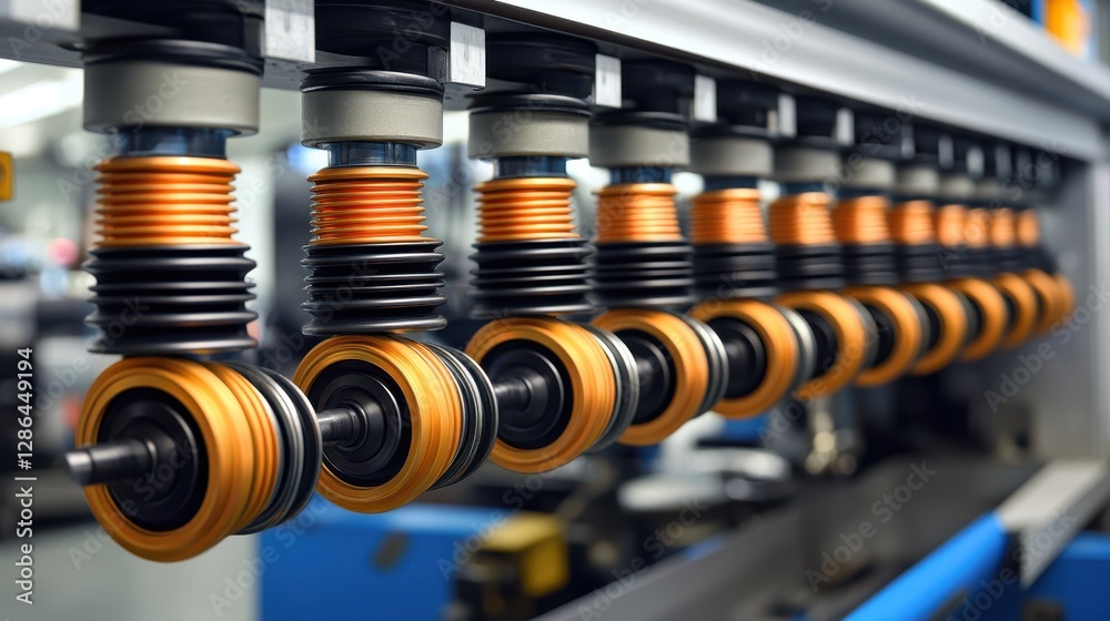 Obraz premium A detailed close-up of a machine producing vibrant orange and black springs, showcasing intricate manufacturing processes and mechanical precision.