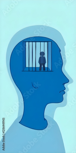 Vector illustration of a man in a human head in prison, struggle, lack of creativity, and restrictions on the concept of freedom of thought
