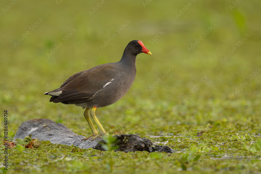 Common gallinule perched on a floating log in a lake Common gallinule perched on a floating log in a lake