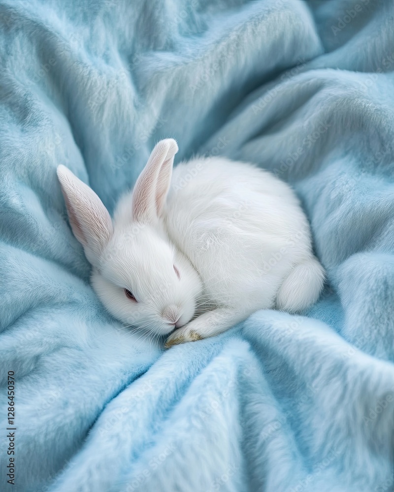 Dreamy Bunny: A cute, pure white bunny, nestled serenely on a soft, light blue blanket. Its delicate features and calm pose evoke a sense of peace and serenity. Dreamy Bunny: A cute, pure white bunny, nestled serenely on a soft, light blue blanket. Its delicate features and calm pose evoke a sense of peace and serenity.