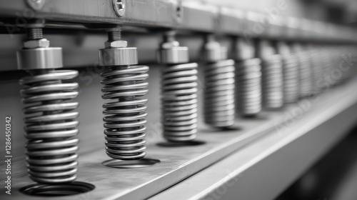 A detailed close-up view of multiple metallic springs used in machinery, showcasing their intricate designs and functionality.