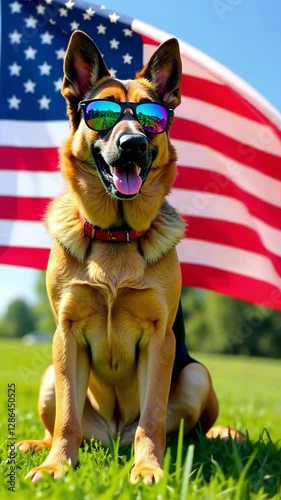 Patriotic dog in sunglasses enjoying sunny day against american flag backdrop